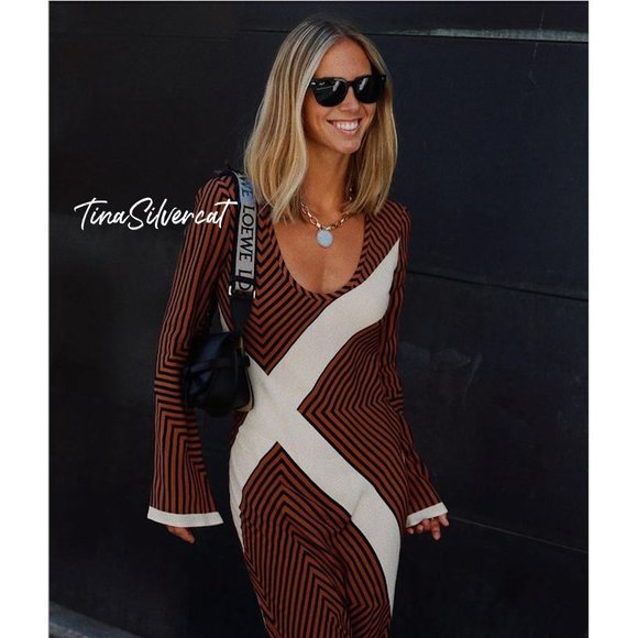 BLOGGER'S FAVE! Zara Striped Midi Dress Brown Sz XS, Small NWT - Picture 15 of 17